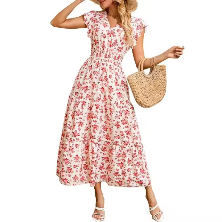Vestido largo profesional floral casual de moda con mangas con volantes, tela elástica con cuello en V, falda larga Holida, ropa de mujer, - 1