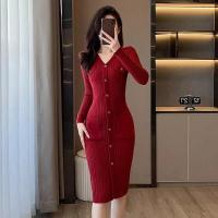 Elegante Vestido de Punto de Lana Suave Cuello en V Delgado Moda de Invierno-Otoño - details 10