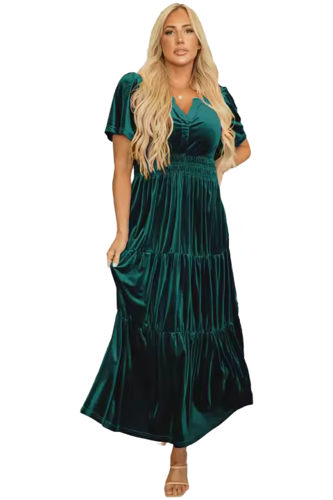 Elrachen Vestido largo escalonado de manga corta de terciopelo para mujer, Evergreen, tallas S-XL - 1