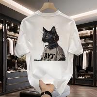Camiseta Gráfica de Algodón para Hombres Negro Geométrico de Gato con Auriculares - details 3