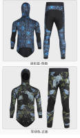 Traje de neopreno para hombre de 3MM con capucha súper elástico, traje de buceo de caza de camuflaje de 2 piezas para snorkeg de apnea de agua fría - details 2