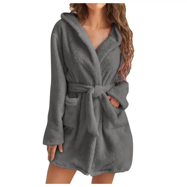Bata de baño esponjosa con capucha para mujer, albornoz de invierno, ropa de casa para mujer - 1