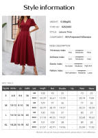 Primavera Verano elegante cintura con cuello en V Color sólido vestido de manga corta moda mujer - details 2