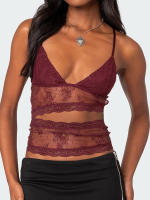 Women Summer Sexy Lace Sheer Camisole V-Neck Spaghetti Strap Sheer Vest Slim Fit Cutout Show Navel Tank S - details 1