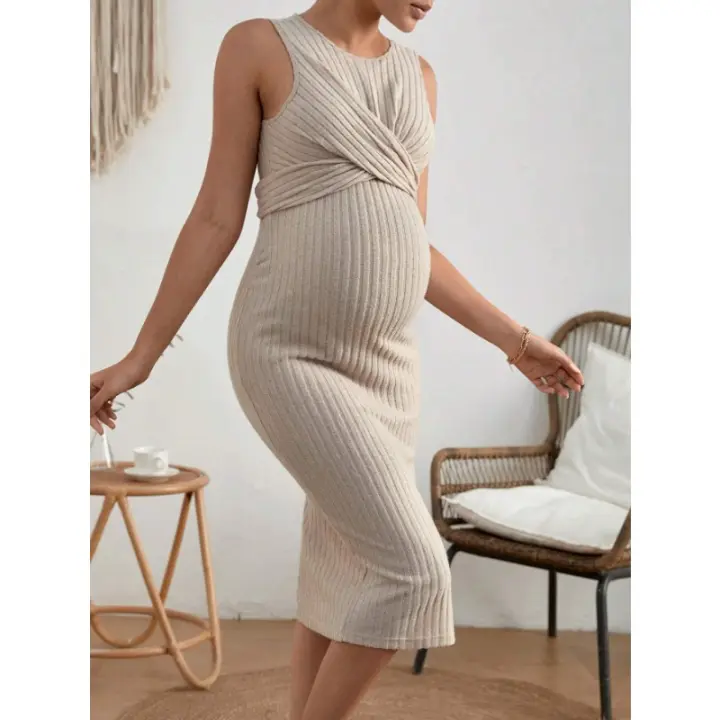 Vestido premamá sin mangas con textura sólida para mujer, elegante vestido midi dividido con cinturón - 1