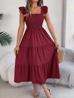 Escote cuadrado de verano con mangas anchas y pliegues, vestido informal de algodón transpirable para playa o uso diario, estilo bohemio - details 29