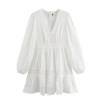 Vestido casual mini de playa de algodón con costuras, manga larga, blanco, primavera 2025, para mujer - details 0