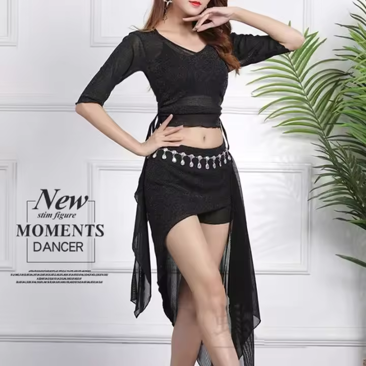 Conjunto de vestido de práctica del vientre para mujer, 2 piezas, conjunto de 3 piezas de danza coreana, top, falda desbordante, 3 piezas - 1
