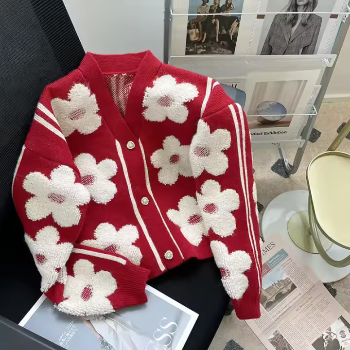 Nuevo suéter rojo de punto para mujer de alta calidad con cuello en V - 1