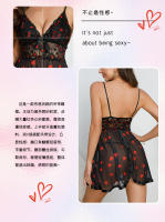 Camisón de encaje transparente negro con estampado de corazones Camisón con tirantes de malla en V profundo Ropa de dormir sexy - details 2