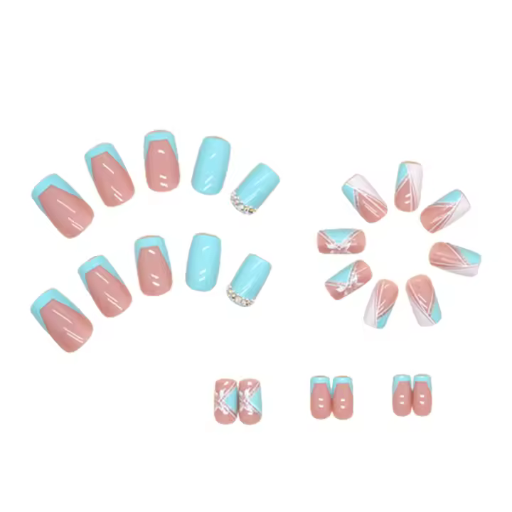 Kit de Uñas Artificiales Medio con Cubierta Completa Arte de Uñas Azul Verde con Pegamento - 1