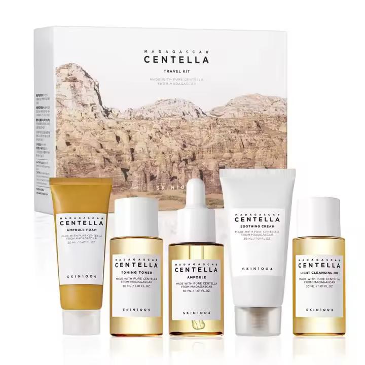 Kit de Viaje SKIN1004 Centella de Madagascar Caja de Cuidado de la Piel Básico con Toner, Ampúla, Crema Calmante, Aceite de Limpieza, Ampluja, Regalo Compacto para Mamá y Mujeres - 1