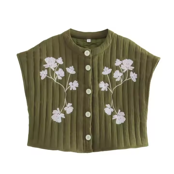 Chaleco corto de algodón para mujer, chaqueta Vintage con cuello redondo y flores bordadas, sin mangas, informal, 2023 - 1