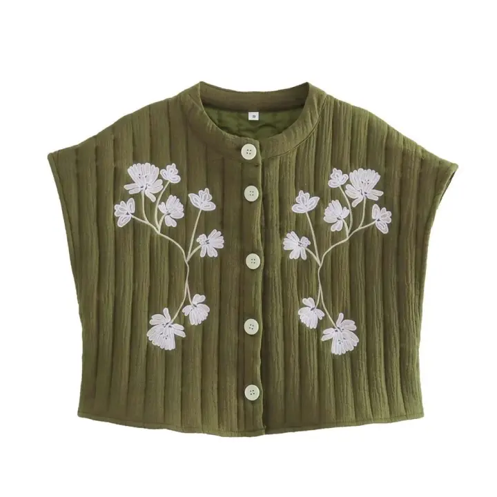 Chaleco corto de algodón para mujer, chaqueta Vintage con cuello redondo y flores bordadas, sin mangas, informal, 2023 - 1