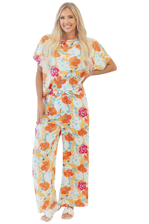 Elrachen Conjunto de pantalones de dos piezas de manga corta con estampado floral para mujer, naranja, tallas S-XL - 1