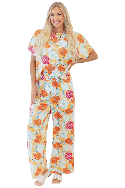 Elrachen Conjunto de pantalones de dos piezas de manga corta con estampado floral para mujer, naranja, tallas S-XL - 1