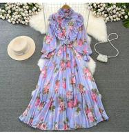 Elegante vestido midi de manga larga con corte en A y falda plisada, cintura ceñida, dobladillo de gasa, estampado floral coreano Sle Commute - details 39