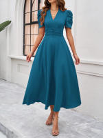 Primavera Verano elegante cintura con cuello en V Color sólido vestido de manga corta moda mujer - details 19