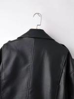 TRAFZA, chaquetas de cuero para mujer de primavera, cuello vuelto, charretera con remaches, abrigo de motociclista con cremallera, prendas de vestir holgadas de cuero suave de imitación para mujer de otoño - details 5
