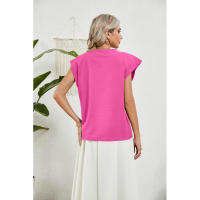 BUNO-2025 Tops para mujer, pantalón corto informal de moda de verano, camisetas básicas con textura a rayas de Color sólido y cuello redondo - details 60