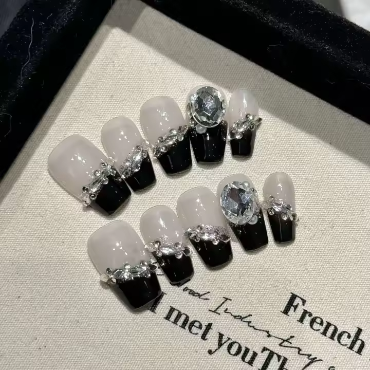 10 uñas adhesivas rosas y negras de vacaciones de bailarina hechas a mano, juego completo, uñas postizas - 1