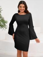 Elegante y bonito vestido Midi de manga larga para mujer, de Color sólido vestido ajustado, falda de cuello redondo que cubre la cadera - details 16