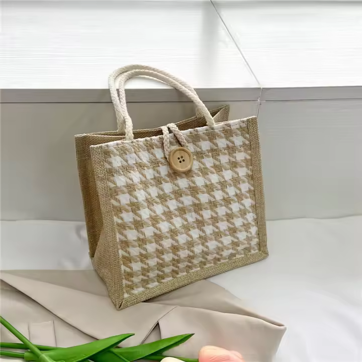 Bolso de niña tejido nuevo bolso, bolso bento simple a rayas 2025 nuevo bolso pequeño de lino - 1