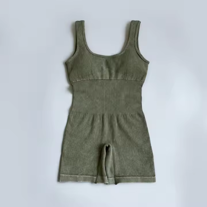 Mono de Yoga para Mujeres FKAFIT con Cuello Redondo y Tejido de Nylon. Manga Sin Chancho Acabado en Lavado Ácido Ropa Deportiva Ajustada y Elástica - 1