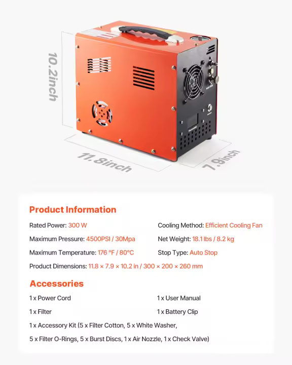 Compresor de aire SucceBuy PCP, portátil de 4500 PSI, convertidor incorporado y sistema de refrigeración por ventilador, bomba compresora de tanque de buceo y aintball - 1
