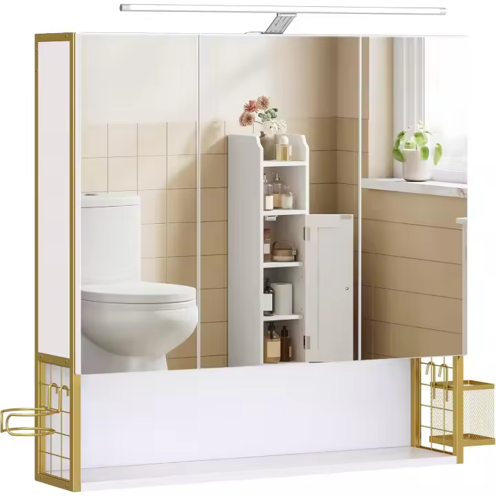 Luz LED, 16,5 x 70 x 75 cm, Toma Corriente, Cesta Colgante, Soporte para Secador, Mueble de Pared con Espejo, Blanco Nube BBK126W01 - 1