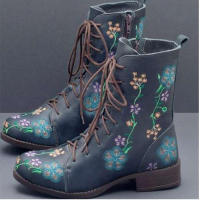 2025 Botas Martin bordadas con estampado retro para mujer, tacón cuadrado, colores combinados, botas individuales, Ethni - details 3