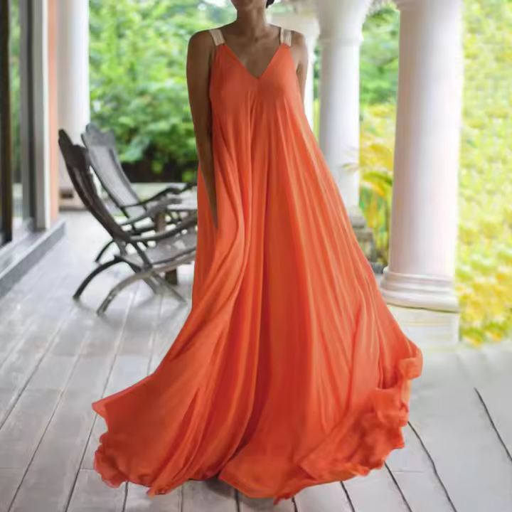 Vestido de tirantes de talla grande con cuello en V naranja nuevo de verano - 1