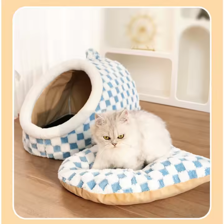 Cama para Perro, Camas para Cachorros Perrera con Manta Gruesa en Forma de Huevo, Puntos de Color, Nido para Mascotas, Lavable (Azul) - 1