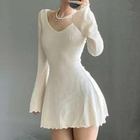 Vestido tejido para mujer primavera otoño Color sólido cuello en V Oficina señora dobladillo Irregular básico Simple vestidos delgados - details 0