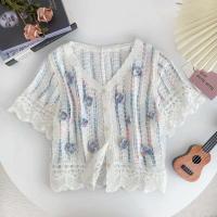 Top con botones de ganchillo con bordado floral, cárdigan corto de punto con mangas transparentes para mujer, tres Vintage Teengirl Fairycore - details 2