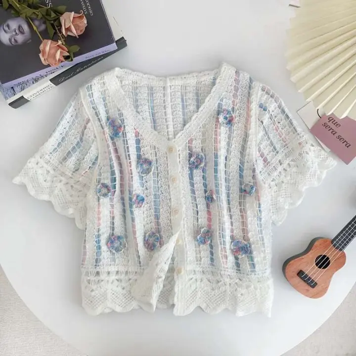 Top con botones de ganchillo con bordado floral, cárdigan corto de punto con mangas transparentes para mujer, tres Vintage Teengirl Fairycore - 1