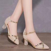 NOVEDAD DE VERANO 2025, sandalias de cuero de tacón pequeño medio alto dorado grueso puntiagudo, zapatos individuales huecos - details 4