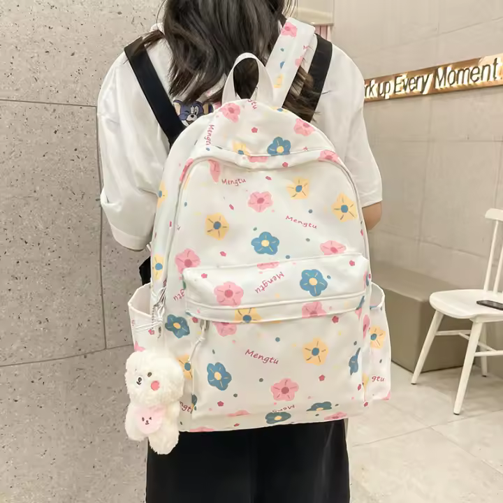 Bonita, estampada, femenina, universitaria, pequeña, con dibujos animados, mochila, mochila escolar, coreana, con cremallera - 1