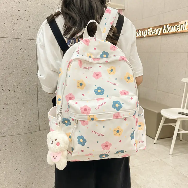 Bonita, estampada, femenina, universitaria, pequeña, con dibujos animados, mochila, mochila escolar, coreana, con cremallera - 1