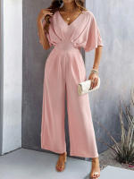 Monos de verano de manga corta para mujer, vestido de cintura alta con cuello en V y pantalones, color rojo burdeos - details 25