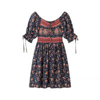 Vestido de Algodón Estampado de Moda para Mujer OUWU Mini Vestido Versátil con Manga de Princesa, Cuello en Polo, Cintura Imperio - details 4