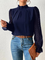 Jersey elegante de Cuello medio alto para mujer, de Color sólido Camisa de gasa, blusa de manga larga con volantes ondulados, Tops sueltos informales para mujer, novedad - details 21
