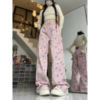 Pantalones vaqueros rosas Vintage de cintura alta para mujer, ropa de calle elegante a la moda americana, pantalones vaqueros de pierna ancha, pantalones femeninos con estampado, pantalones vaqueros holgados - details 2
