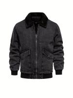 Chaqueta vaquera de lana cálida para hombre, abrigo informal con bolsillo con solapa y cuello de piel para Otoño e Invierno - details 4