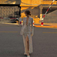 BUNO-vestido de encaje transparente para mujer, maxivestido Sexy de manga larga con cuello redondo, vestido de vaina, bata de noche impresionante - details 4