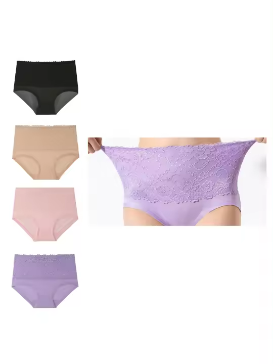 Paquete de 4 Bragas Elegantes de Talle Alto para Tallas Grandes, Tejido de Punto de Nylon 90% Spandex 10% con Detalle de Encaje de Contraste, Color Liso, Ligeramente Elástico, Bragas de Ajuste Cómodo - 1