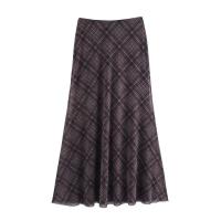 BUNO-Estilo europeo y americano primavera nuevos productos ropa de mujer contraste color empalme A-line dobladillo falda de tul a cuadros - details 1