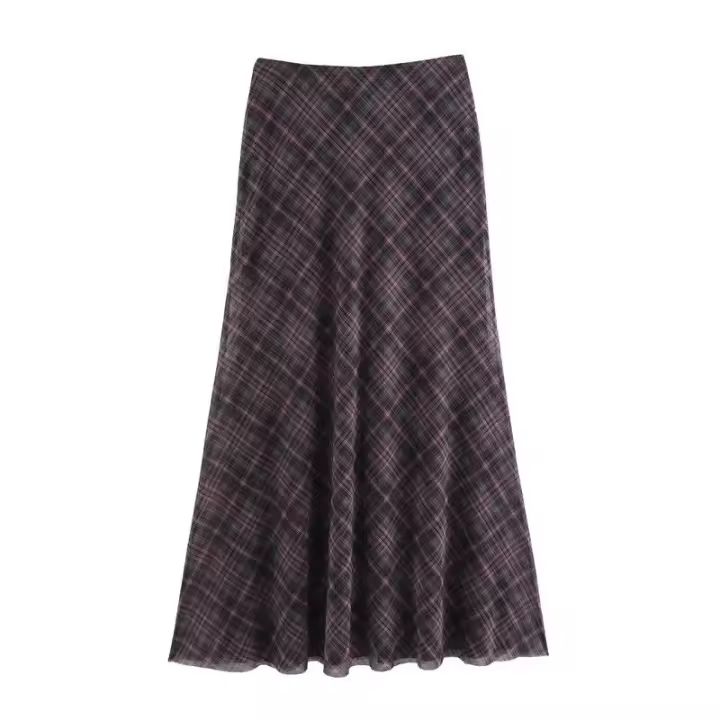 BUNO-Estilo europeo y americano primavera nuevos productos ropa de mujer contraste color empalme A-line dobladillo falda de tul a cuadros - 1