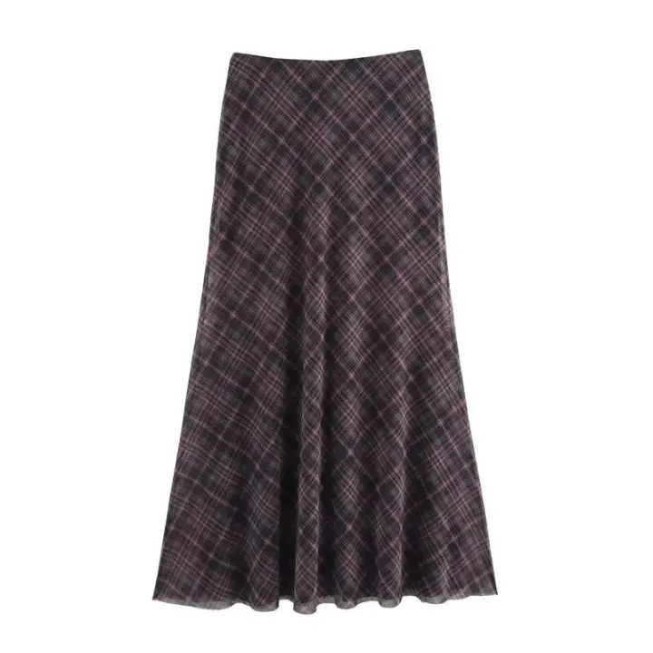 BUNO-Estilo europeo y americano primavera nuevos productos ropa de mujer contraste color empalme A-line dobladillo falda de tul a cuadros - 1