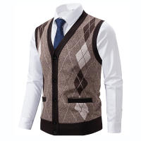 Nuevo cárdigan para hombre, suéter de otoño e invierno, mantiene el calor, cultiva el chaleco tejido, moda versátil, cuello en V, Tops informales a cuadros para hombre - details 4